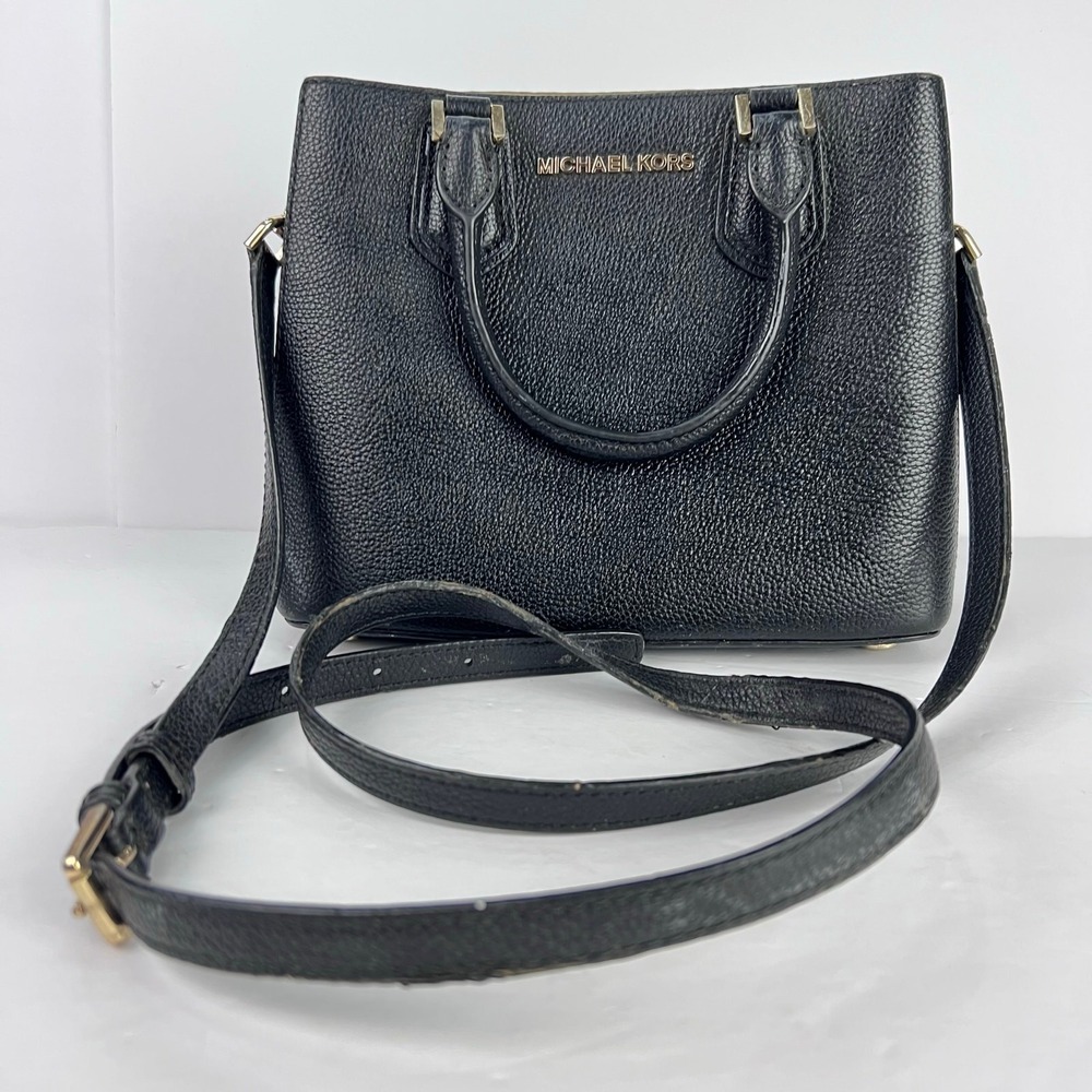 Michael Kors Womens Small Satchel Black Pebbled Leather Crossbody Bag Gold Logo